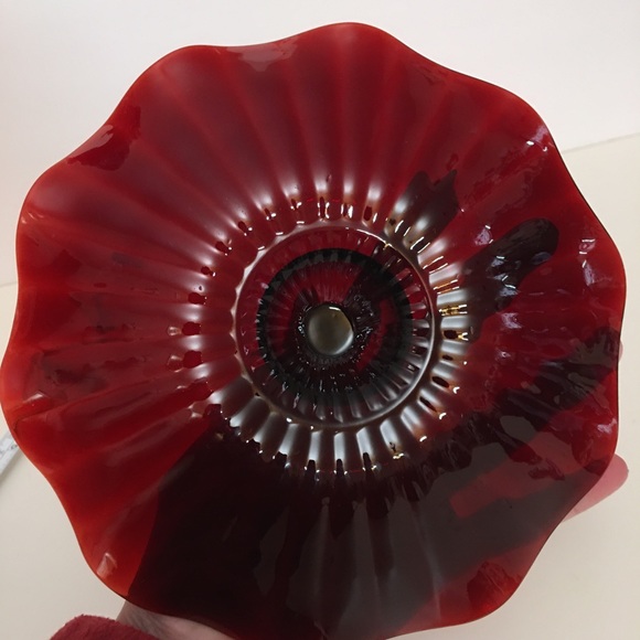 Vintage art Deco Cranberry Glass Candy Dish Wavy Edging with Handle Trinket Tray - Picture 9 of 11